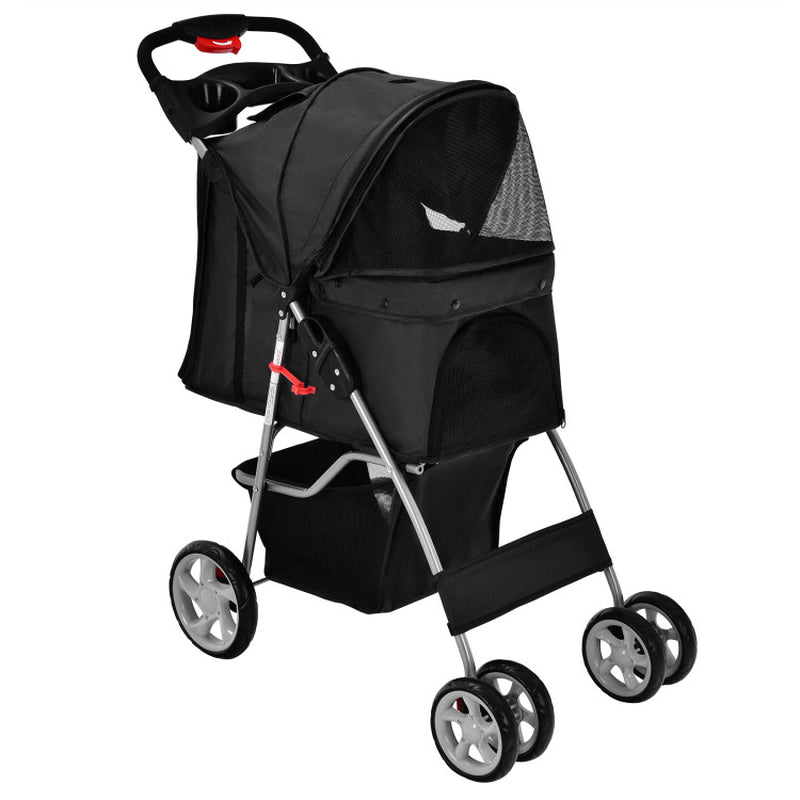 Foldable 4-Wheel Pet Stroller with Storage Basket