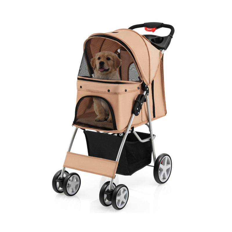 Foldable 4-Wheel Pet Stroller with Storage Basket