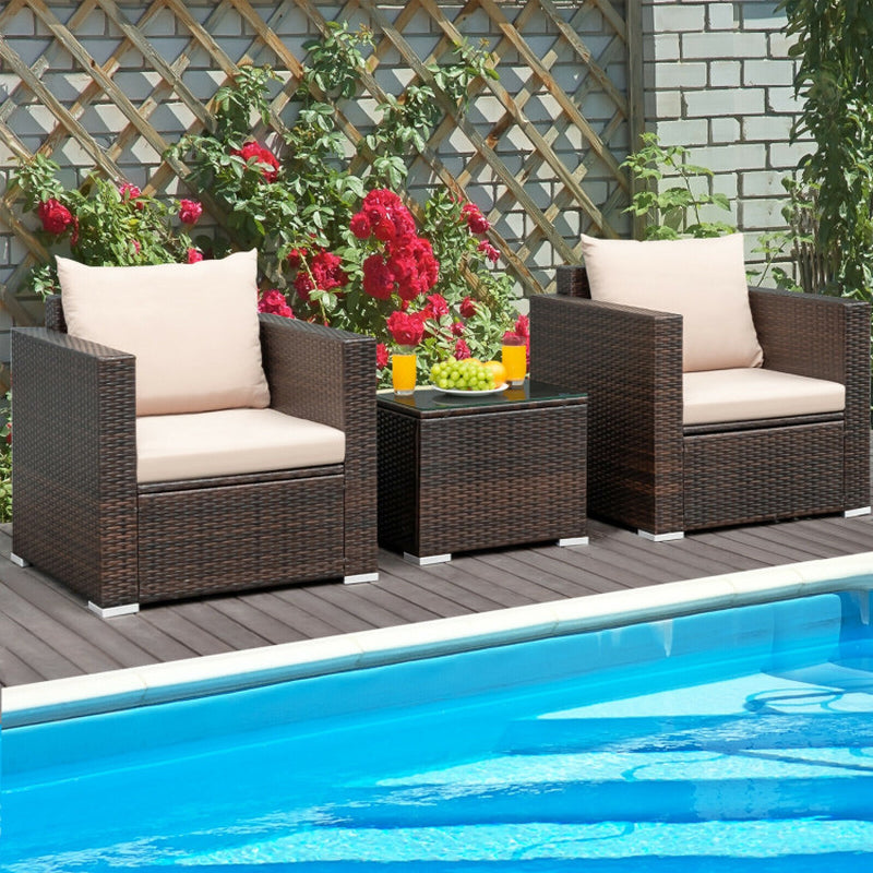 3 Pieces Patio Conversation Rattan Furniture Set with Cushion