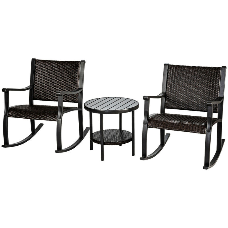 3 Pieces Patio Rattan Furniture Set with Coffee Table and Rocking Chairs