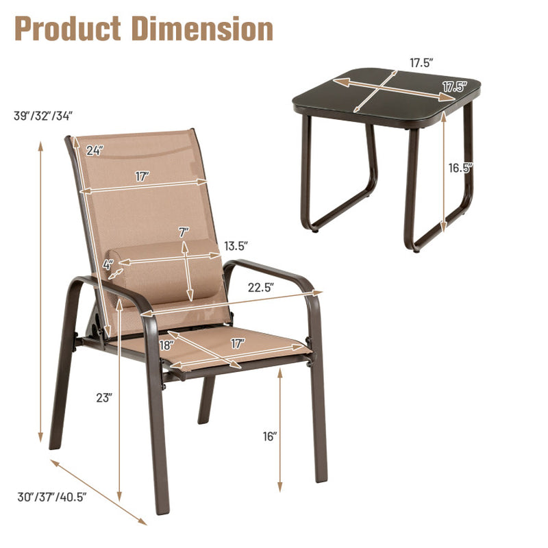 3 Pieces Stackable Patio Bistro Conversation Set with Adjustable Backrest