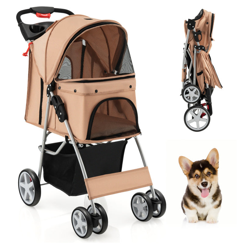 Foldable 4-Wheel Pet Stroller with Storage Basket