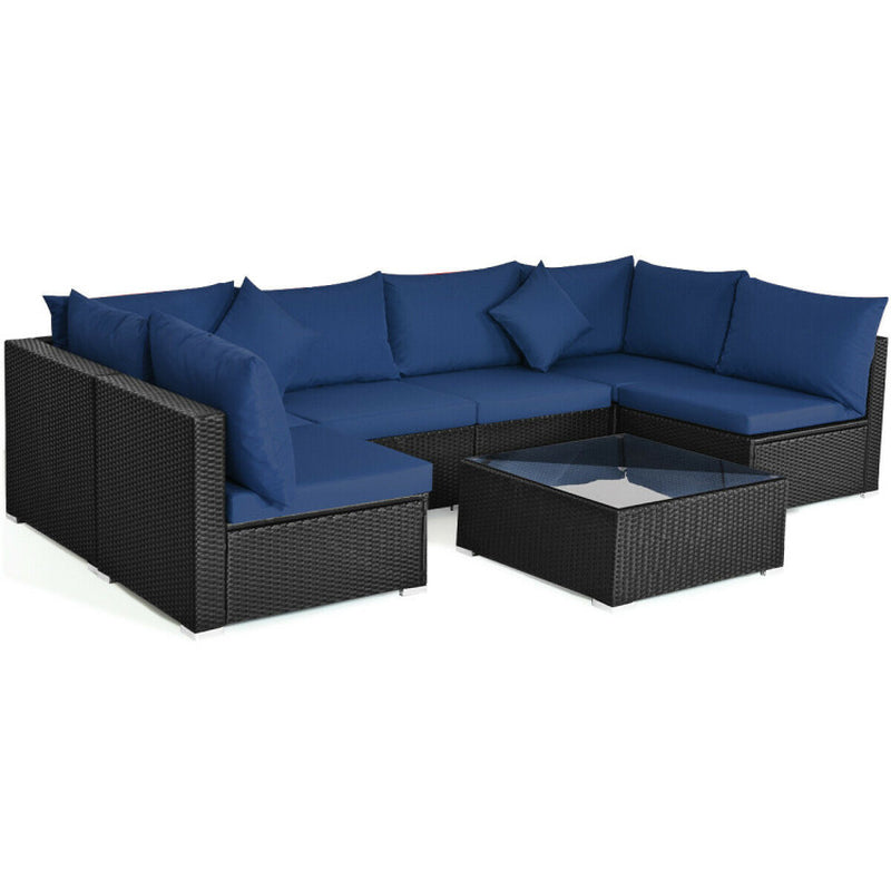 7 Pieces Sectional Wicker Furniture Sofa Set with Tempered Glass Top