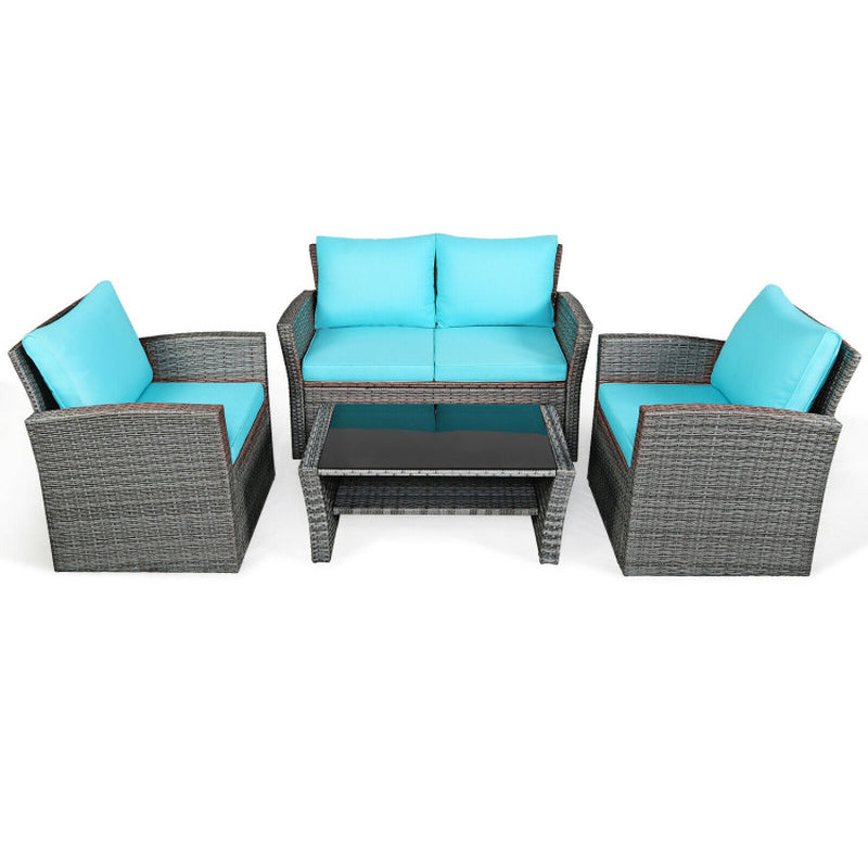 4 Pieces Patio Rattan Furniture Set Sofa Table with Storage Shelf Cushion
