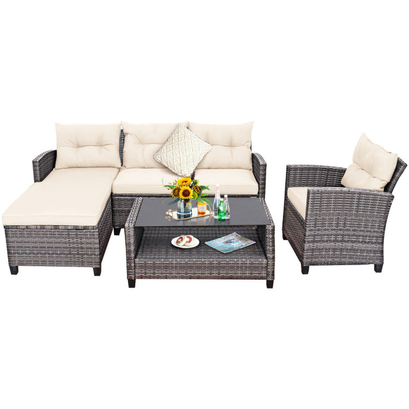 4 Pieces Patio Rattan Furniture Set with Cushion and Table Shelf