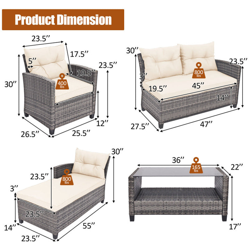 4 Pieces Patio Rattan Furniture Set with Cushion and Table Shelf