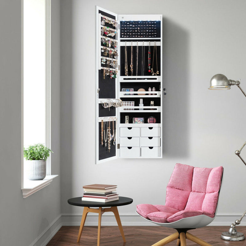Lockable Wall Mounted Mirror Jewelry Armoire with 5 Leds and 6 Drawers