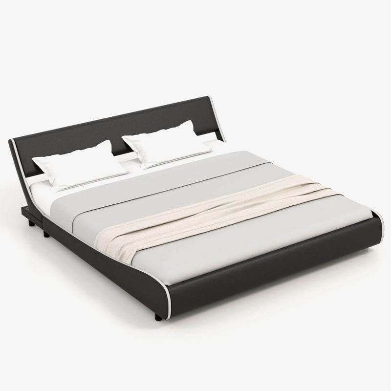 Upholstered Platform Bed Frame Low Profile Faux Leather with Curved Headboard