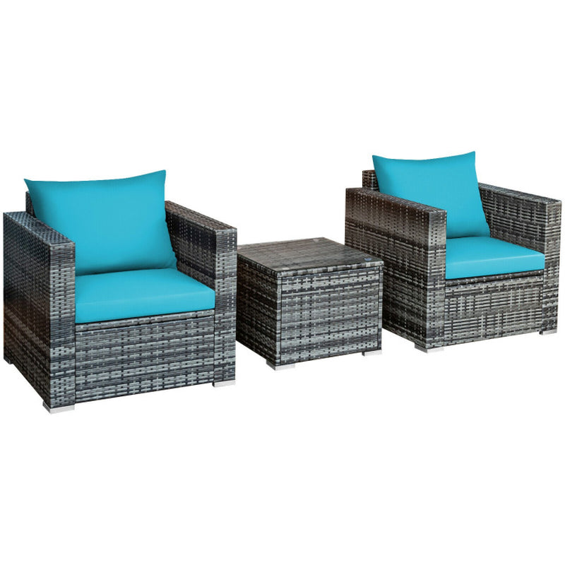 3 Pieces Patio Rattan Furniture Bistro Sofa Set with Cushioned