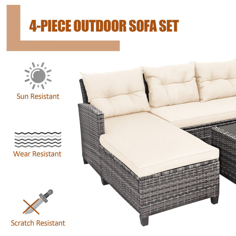 4 Pieces Patio Rattan Furniture Set with Cushion and Table Shelf