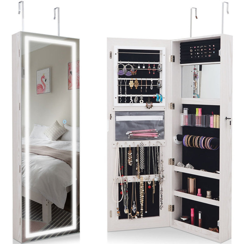 Mirrored Jewelry Armoire with Full Length Mirror and 2 Internal LED Lights