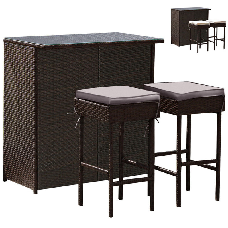 3 Pieces Outdoor Rattan Wicker Bar Set with 2 Cushions Stools