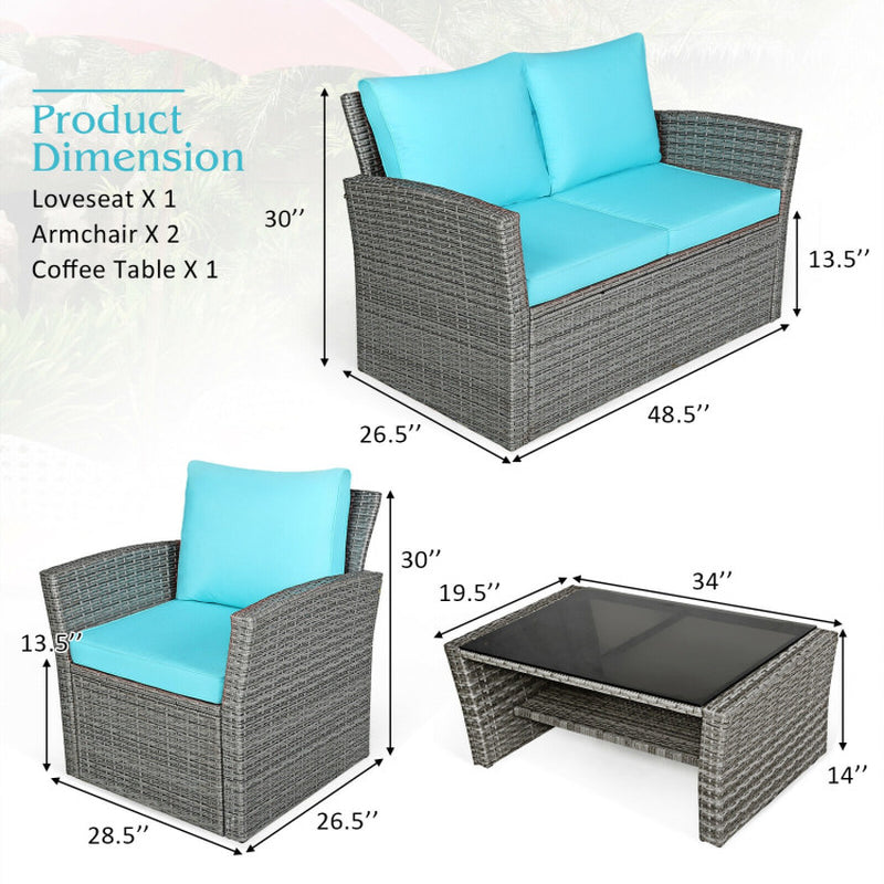 4 Pieces Patio Rattan Furniture Set Sofa Table with Storage Shelf Cushion