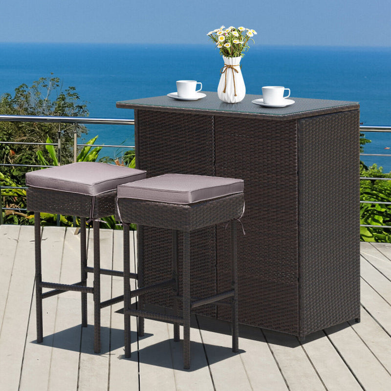 3 Pieces Outdoor Rattan Wicker Bar Set with 2 Cushions Stools
