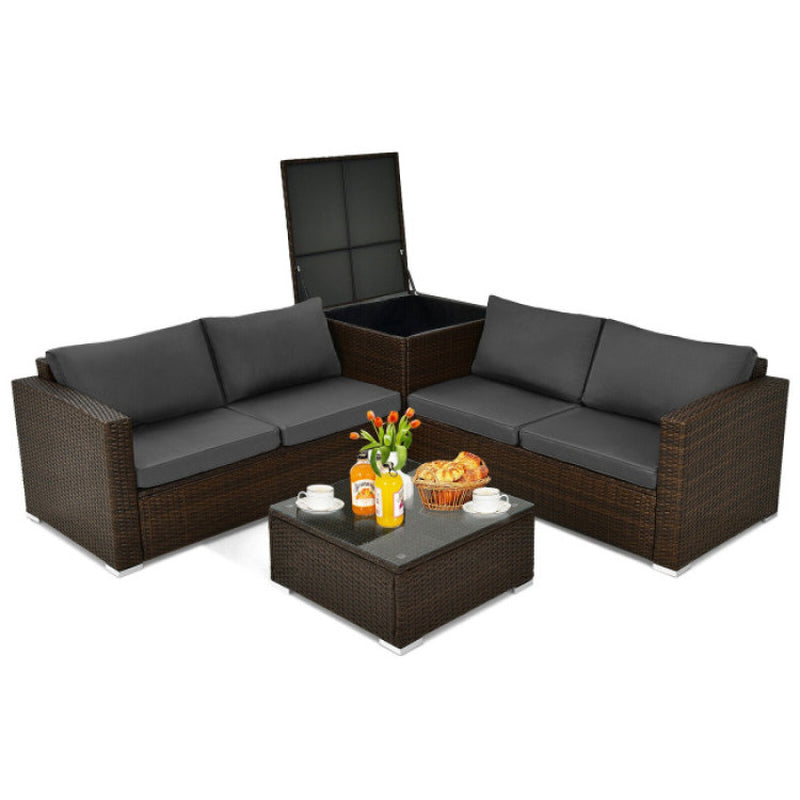 4 Pieces Patio Rattan Cushioned Furniture Set with Armrest and Storage Box