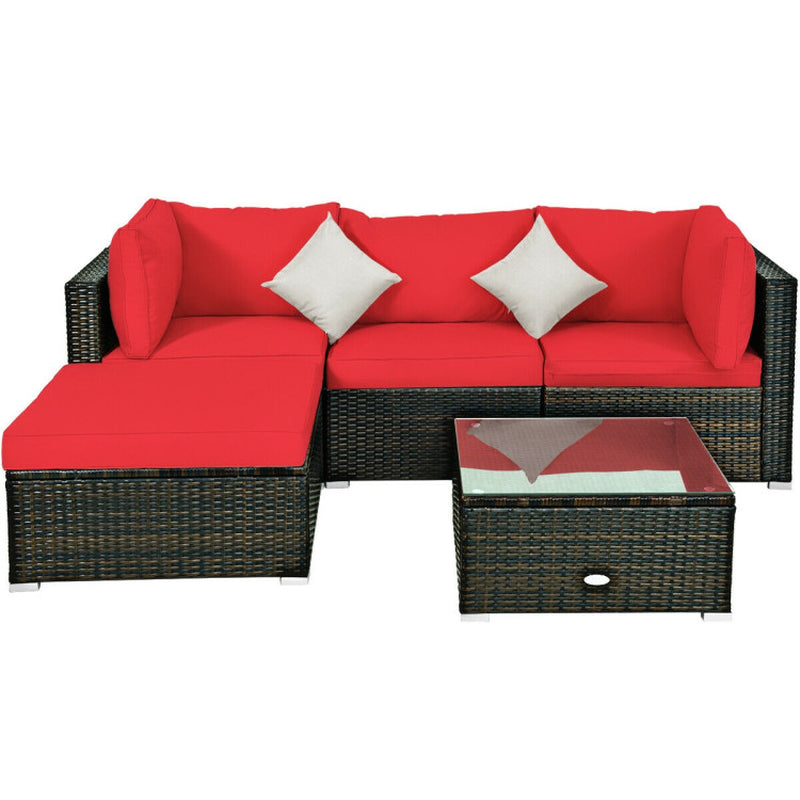 5 Pieces Outdoor Patio Rattan Furniture Set Sectional Conversation with Cushions
