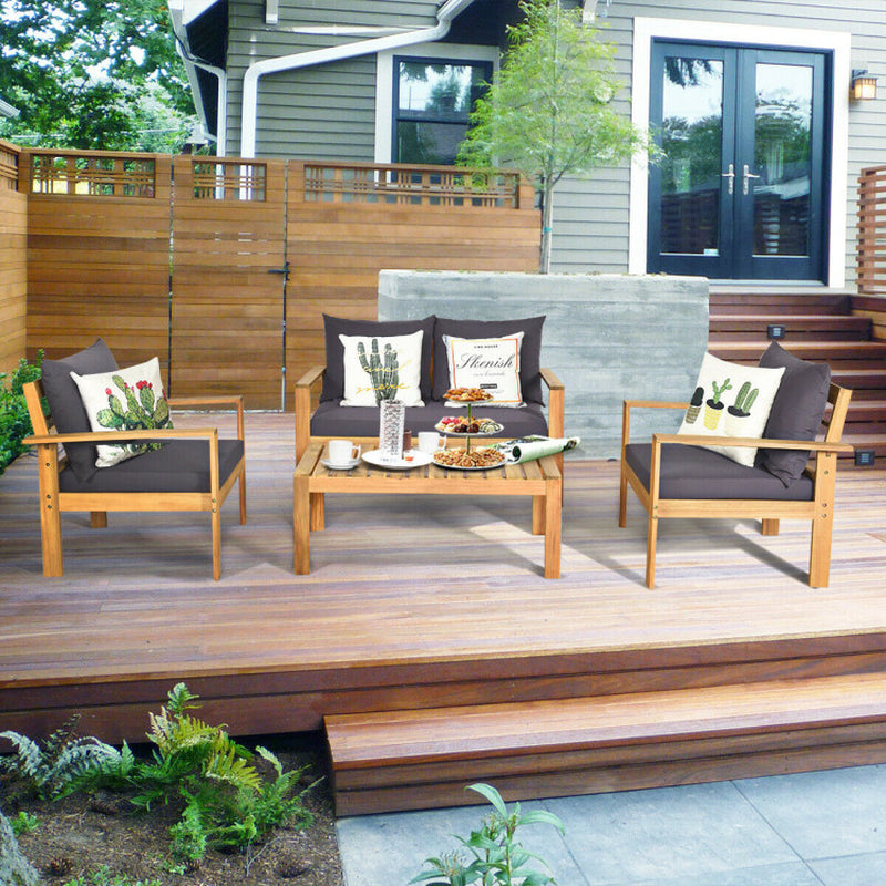Outdoor 4 Pieces Acacia Wood Chat Set with Water Resistant Cushions