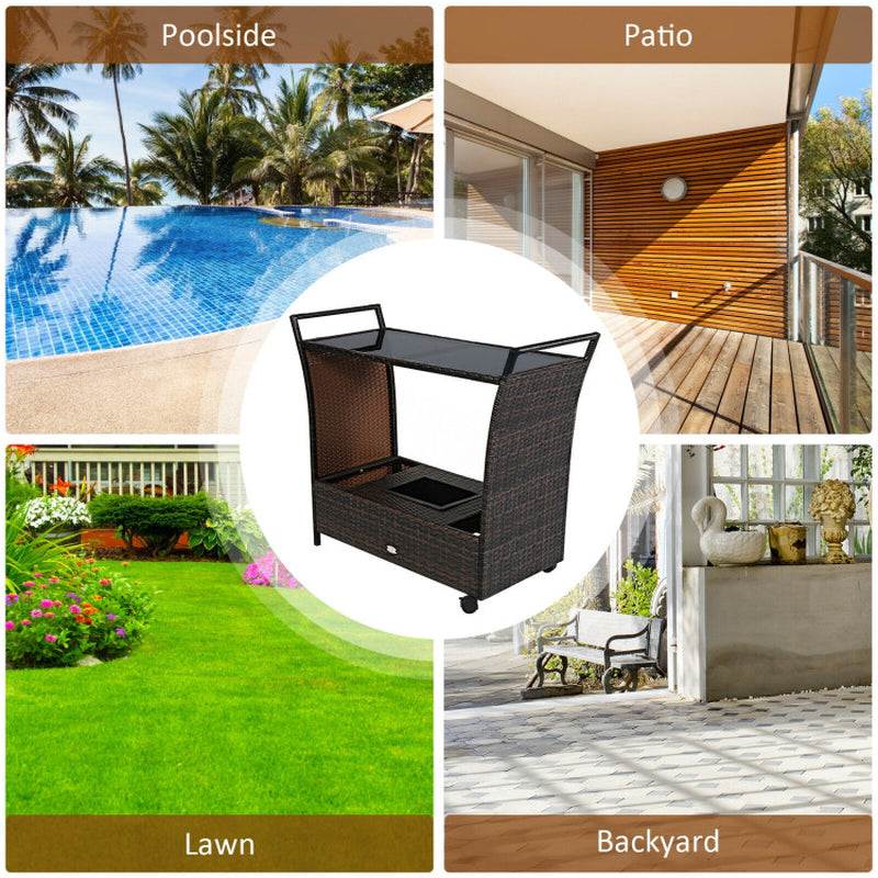 Patio Rattan Bar Serving Cart with Glass Top and Handle