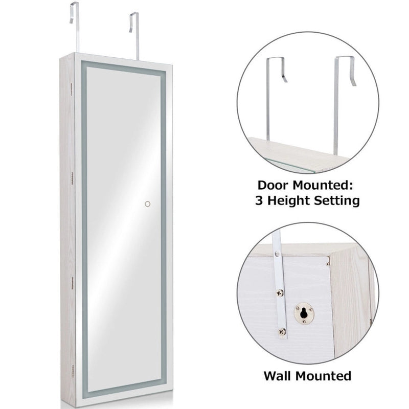 Mirrored Jewelry Armoire with Full Length Mirror and 2 Internal LED Lights