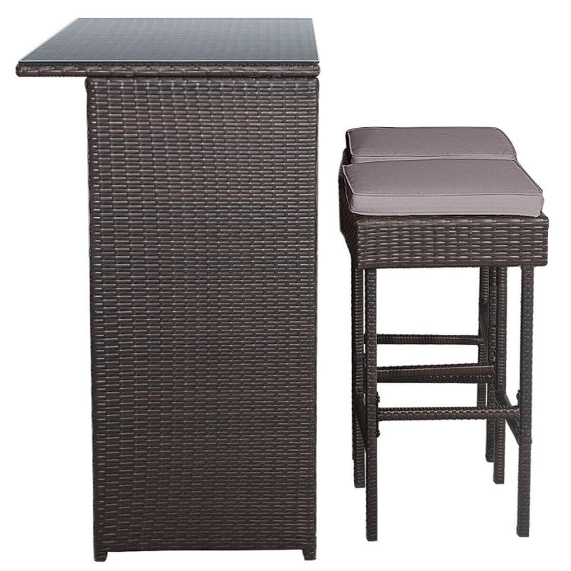 3 Pieces Outdoor Rattan Wicker Bar Set with 2 Cushions Stools