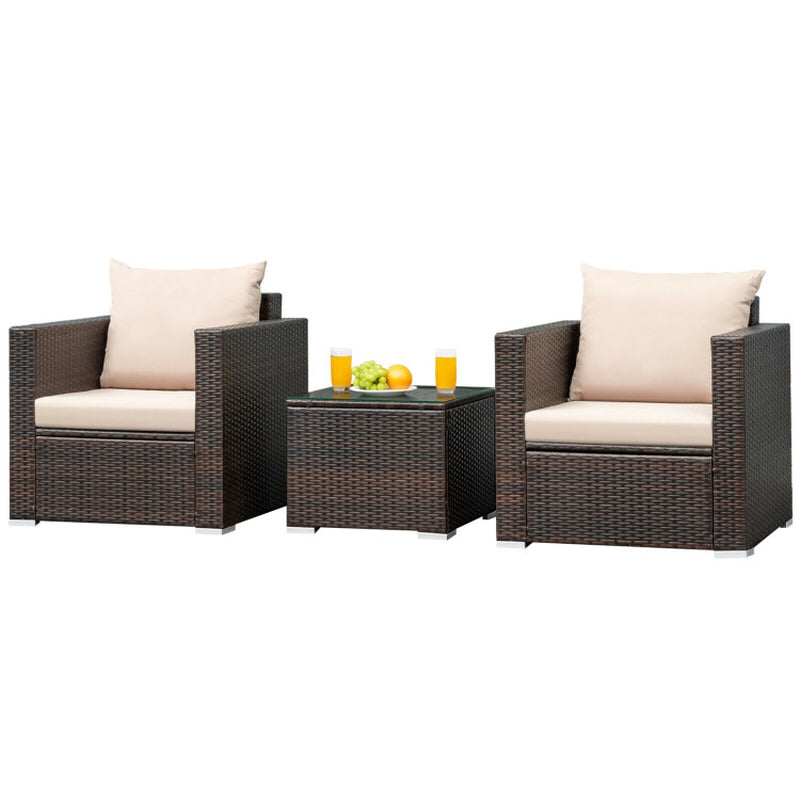 3 Pieces Patio Conversation Rattan Furniture Set with Cushion