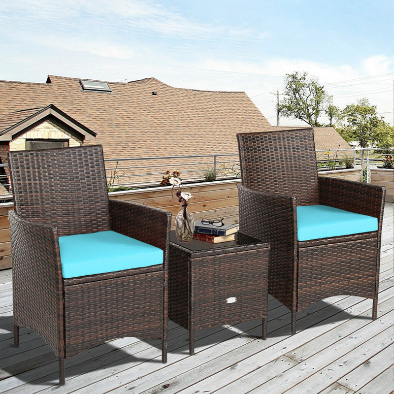 3 Pieces Patio Cushioned Rattan Converstaion Set with Glass Table Top