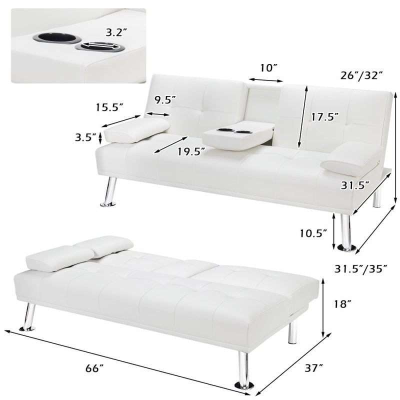 Convertible Folding Leather Futon Sofa with Cup Holders and Armrests