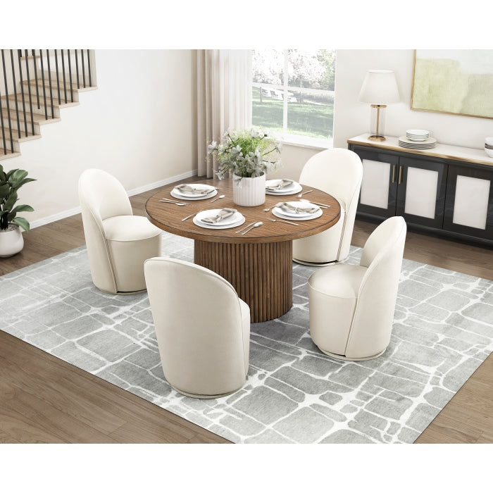 5-Piece Round Wood Dining Set with Fluted Base & 4 Cream Swivel Chairs