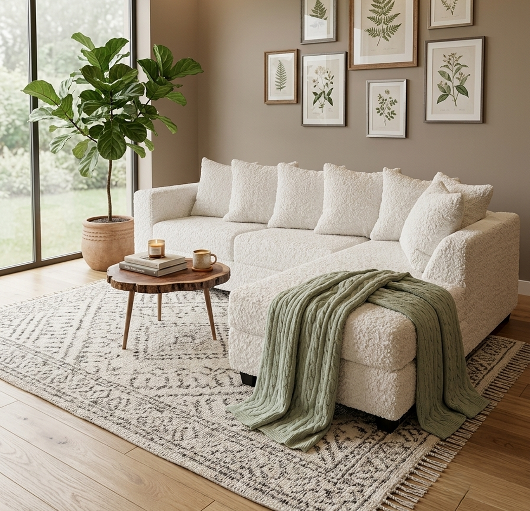 Sectional cream with accent pillows