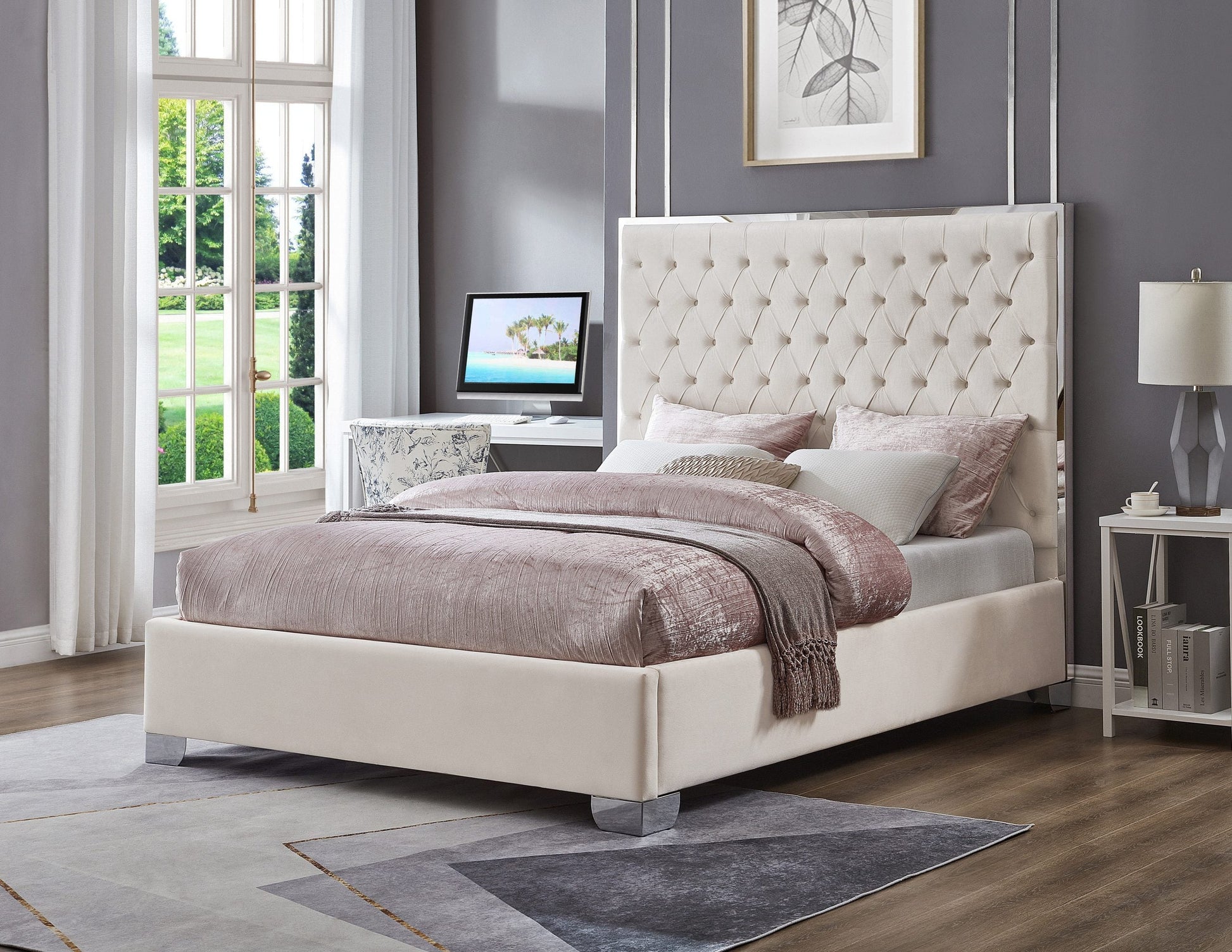 KATE KING BEIGE VELVET UPHOLSTERED PLATFORM BED