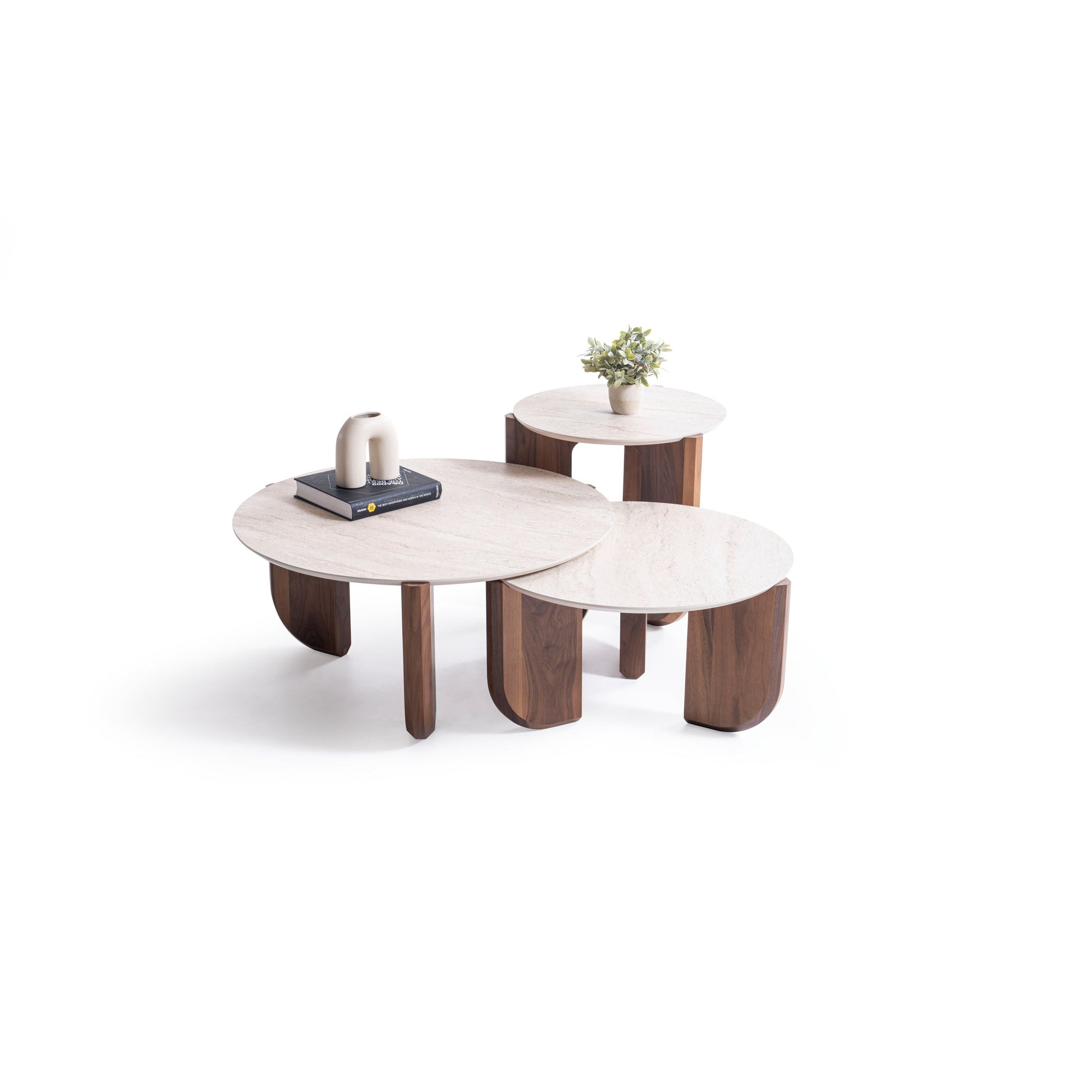 720 Walnut Travertine 3 Pc Coffee Table Set