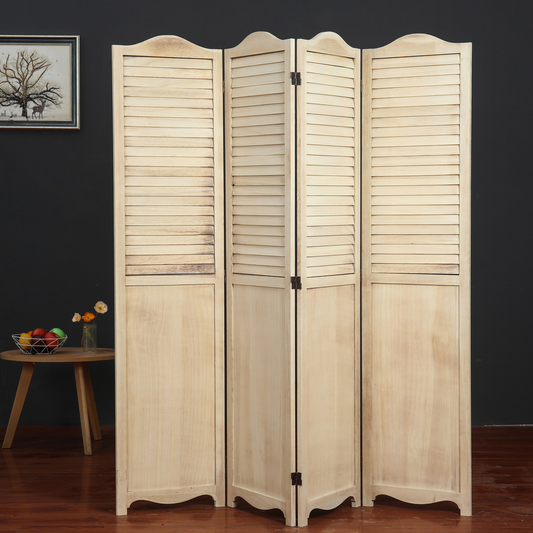 NATURAL 4-Panels Arc Room Divider w/ Window Shutter Style