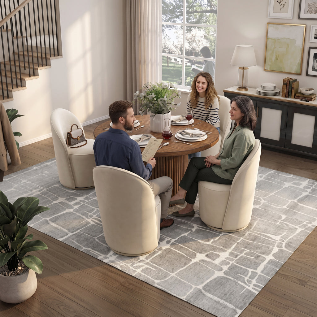 5-Piece Round Wood Dining Set with Fluted Base & 4 Cream Swivel Chairs
