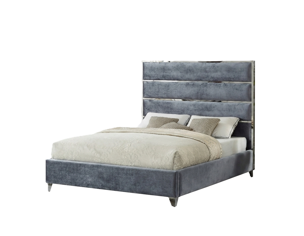 Lauren Queen Gray Velvet Upholstered Platform Bed