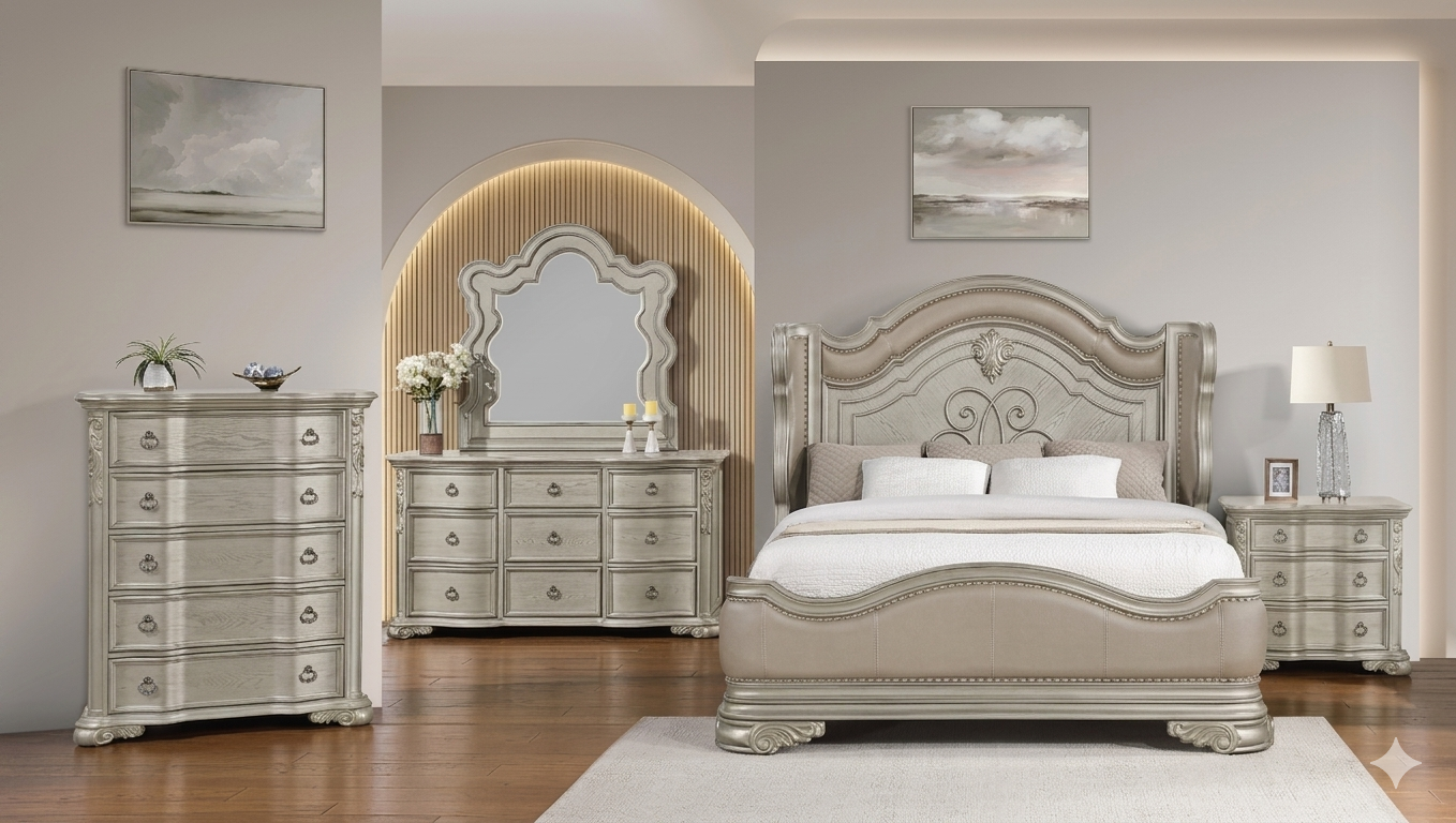 Traditional bedroom set Top Grade wood marble top