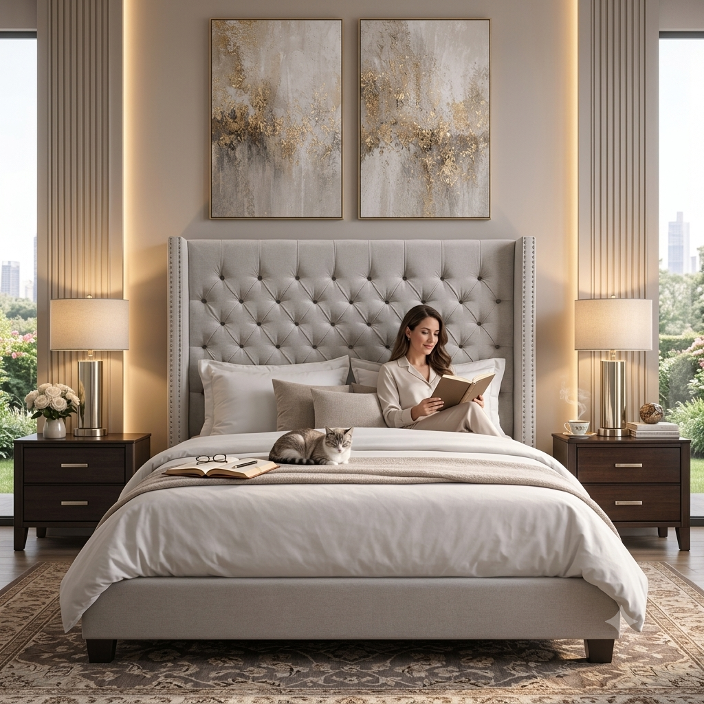 Hugh Queen Linen Upholstered Platform Bed