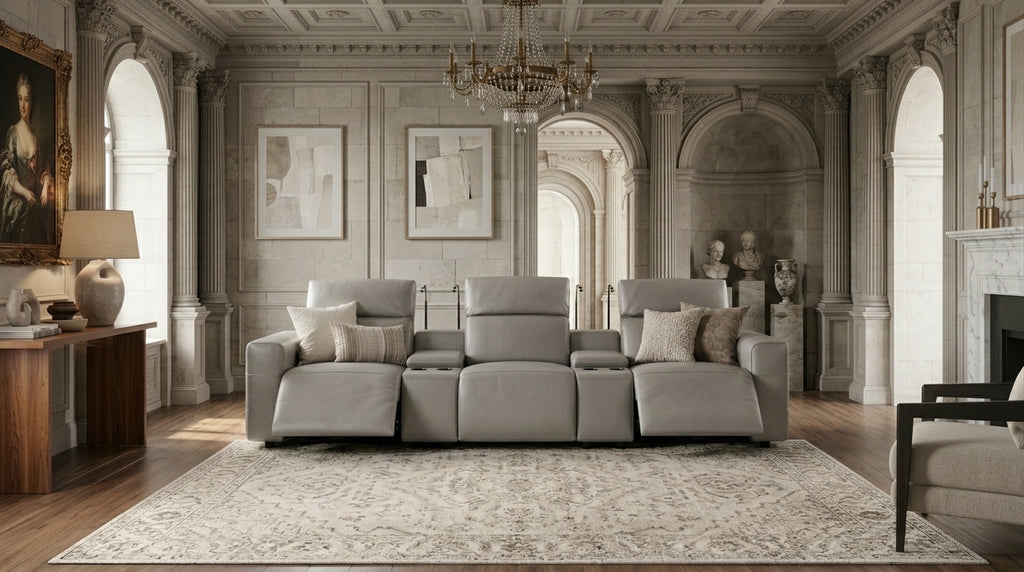 Diamante Italian Leather/Match Power Home Theater Recliner Row Grey