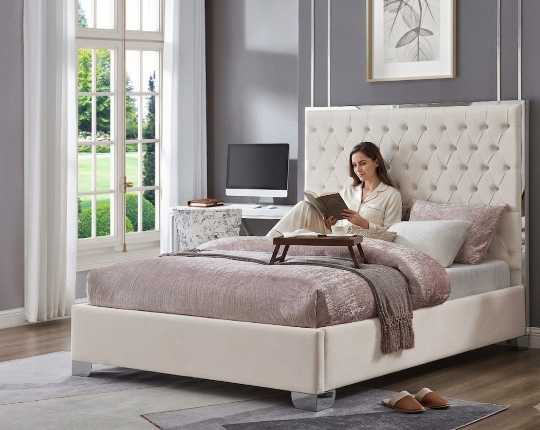 Kate Queen 58″ High Beige Velvet Upholstered Platform Bed