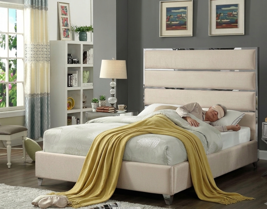 LAUREN KING BEIGE VELVET UPHOLSTERED PLATFORM BED