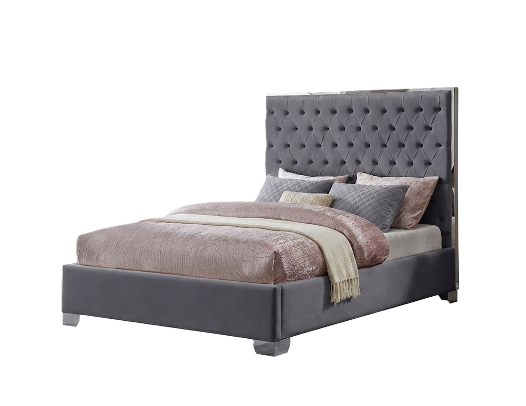 KATE KING GRAY VELVET UPHOLSTERED PLATFORM BED