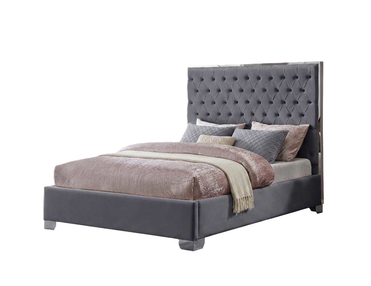 KATE KING GRAY VELVET UPHOLSTERED PLATFORM BED