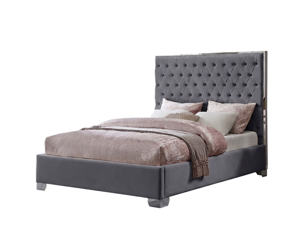 Kate Queen 58″ Tall Gray Velvet Upholstered Platform Bed