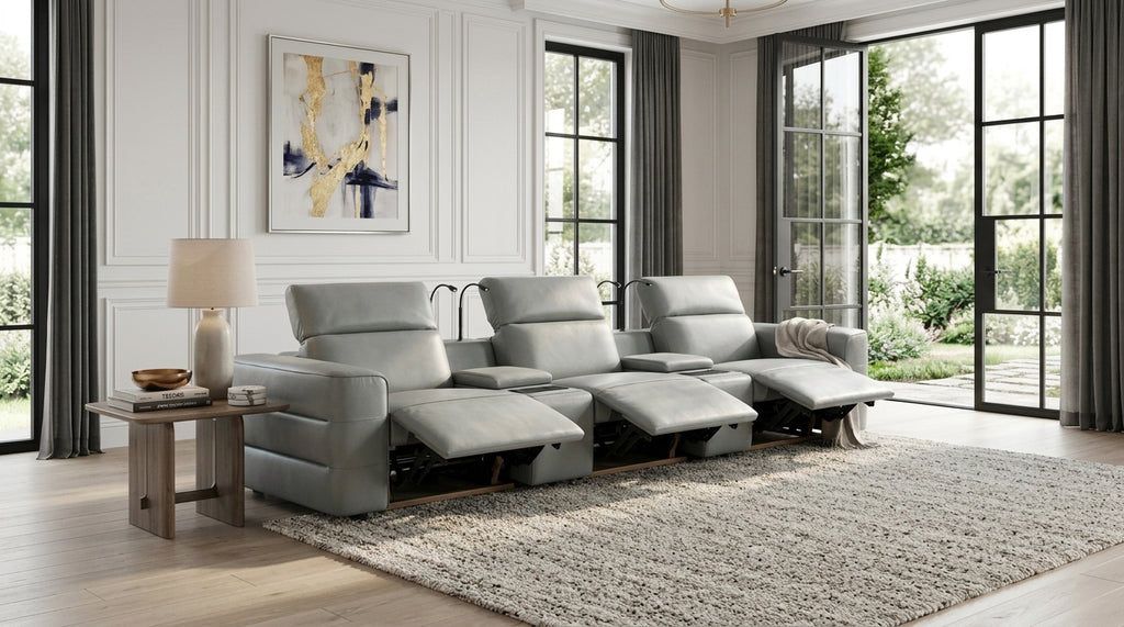 Diamante Italian Leather/Match Power Home Theater Recliner Row Grey