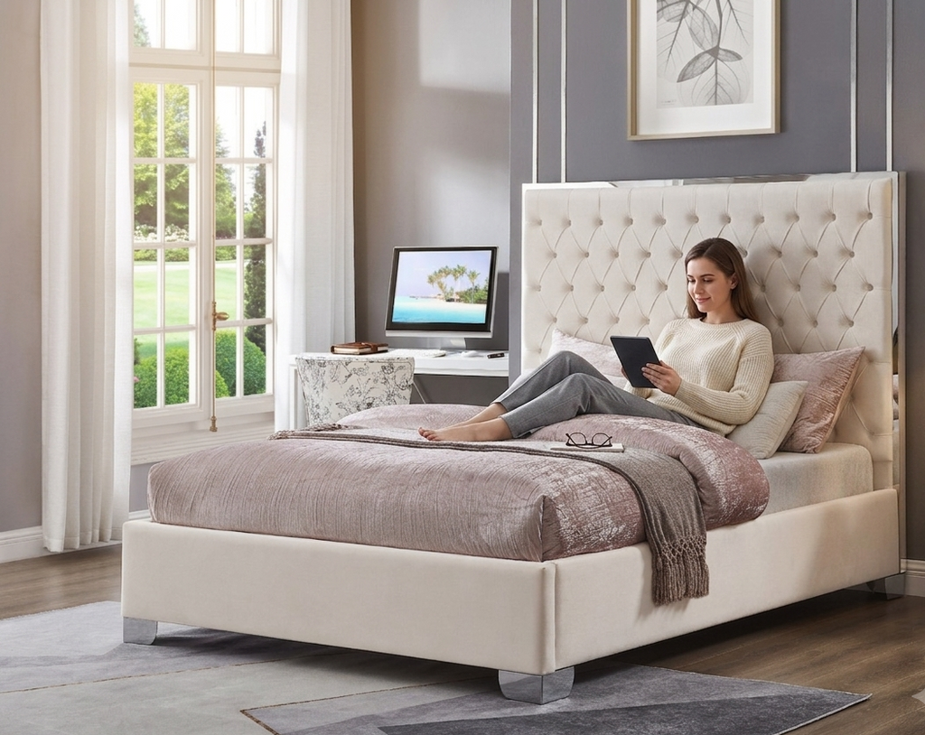 KATE KING BEIGE VELVET UPHOLSTERED PLATFORM BED