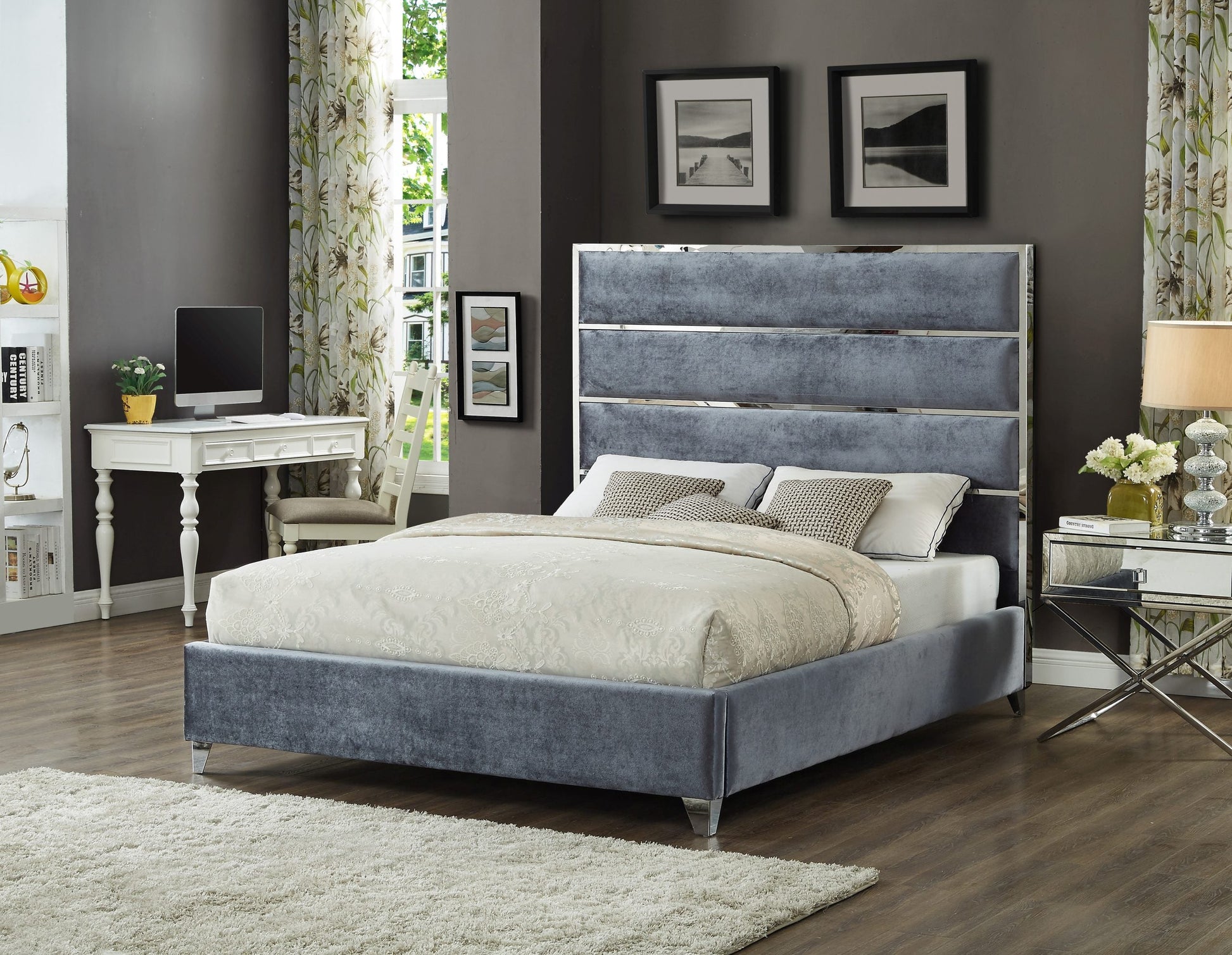 Lauren Queen Gray Velvet Upholstered Platform Bed