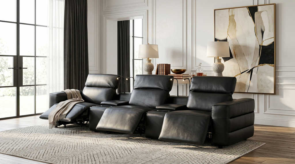 Diamante Italian Leather/Match Power Home Theater Recliner Row Black