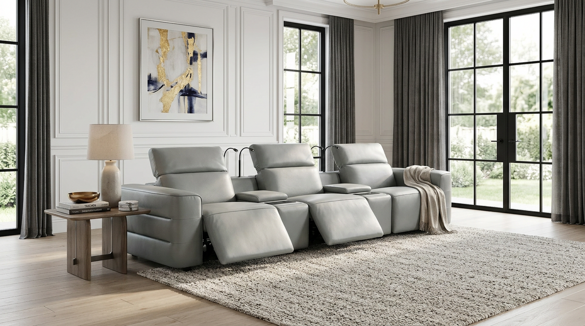 Diamante Italian Leather/Match Power Home Theater Recliner Row Grey