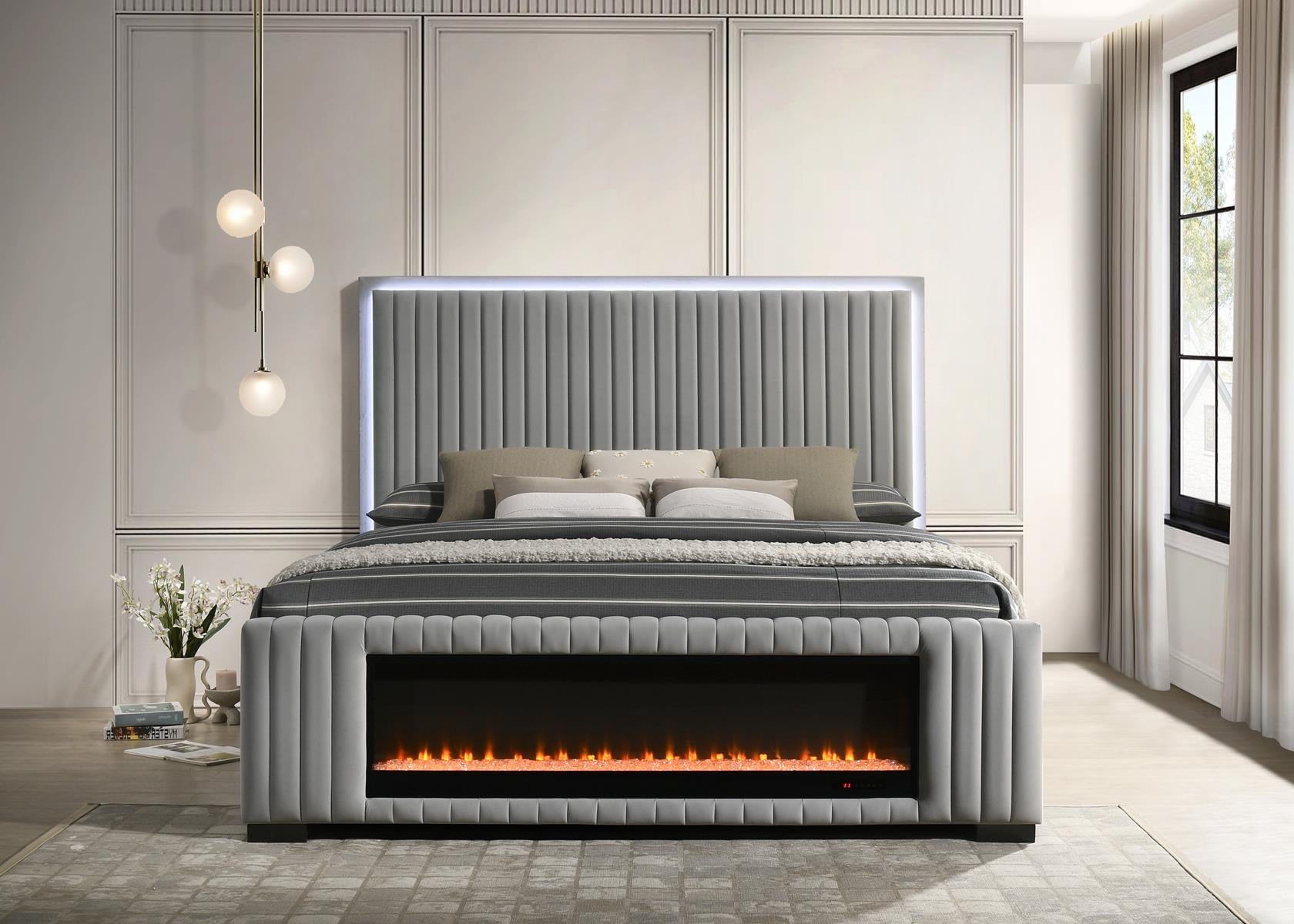 VELVET AMBER BED WITH FIREPLACE GRAY