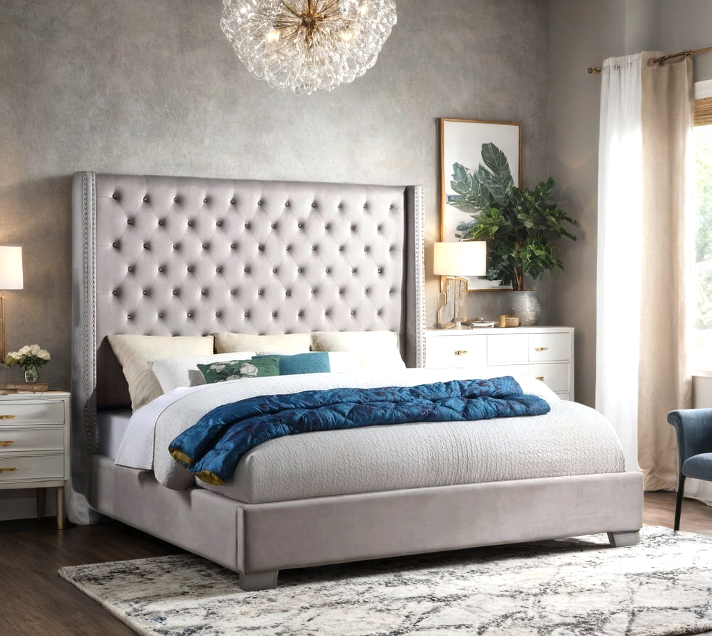 6Ft Tall Upholstered Tufted Headboard  bed silver