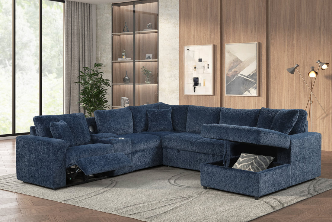 Hunter Blue Sectional W/ Bluetooth Speaker & Pull-Out Bed